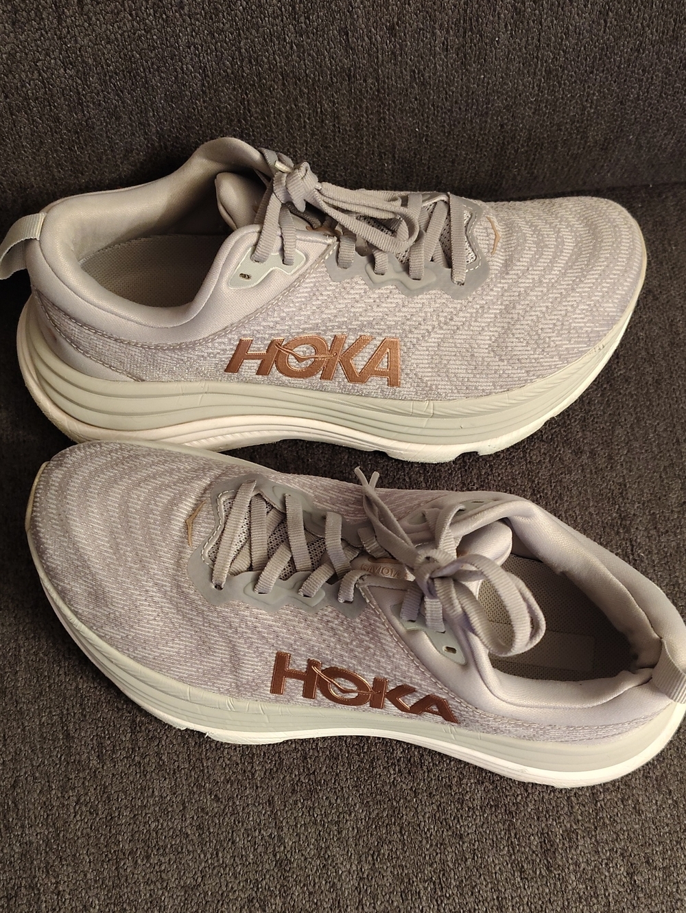 Used Hoka Women's Light Gray Knit Running Shoes with Taupe Logo